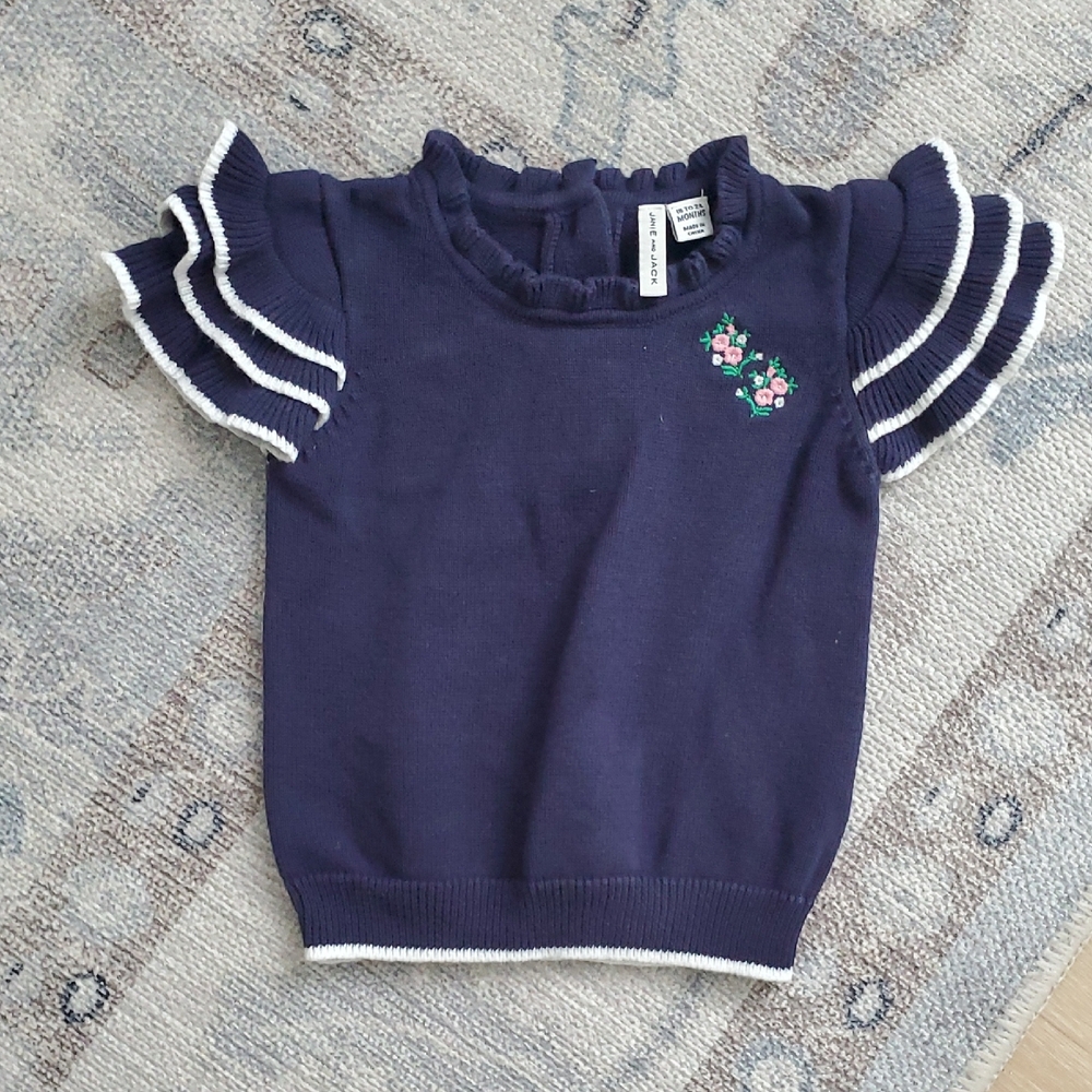 Janie And Jack Baby Girls Navy Blue Ruffle Sleeve Sweater Flowers Sz18-24m